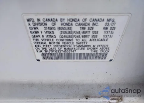 2007 Honda Ridgeline Rt from USA, damaged, VIN 2HJYK16227H535747